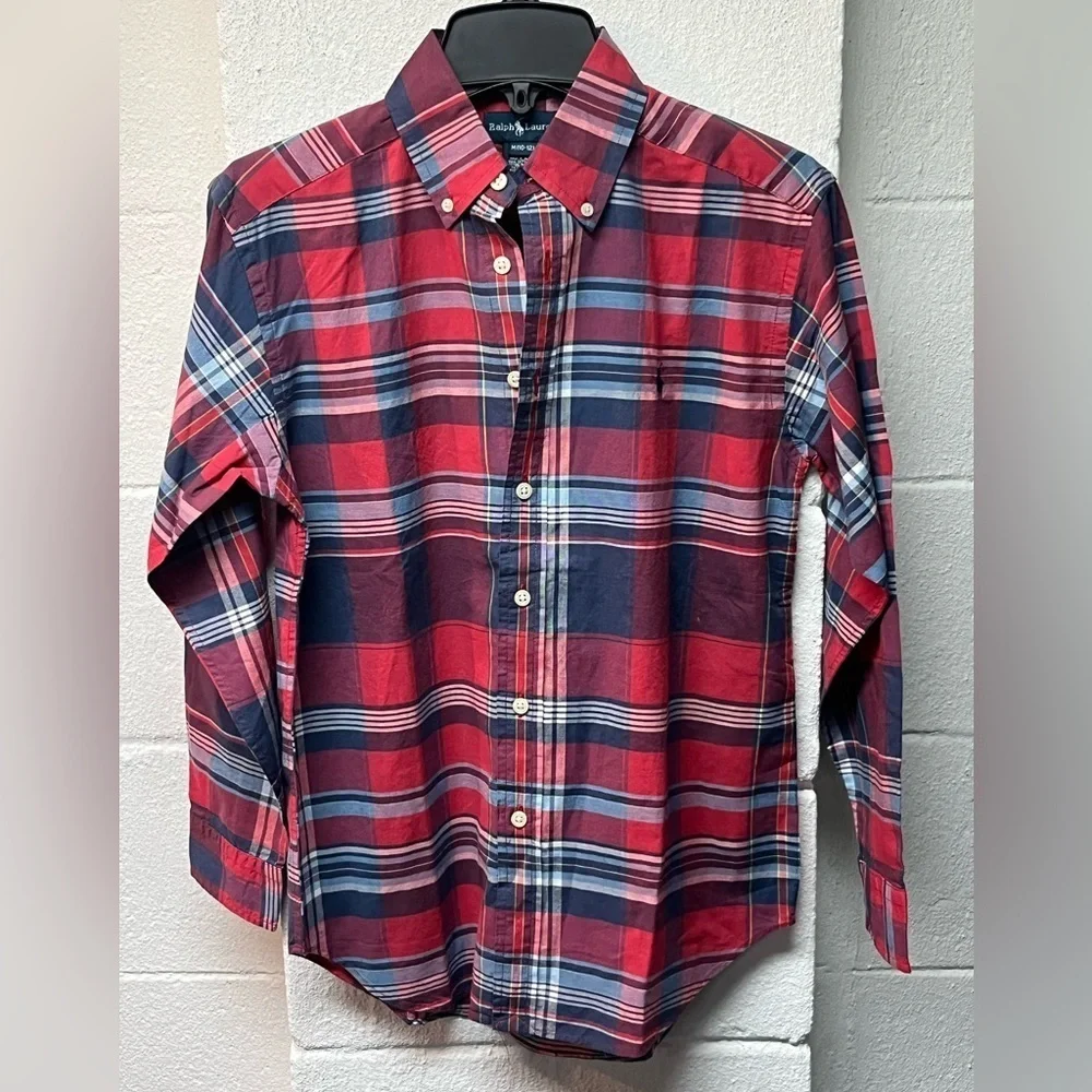 Ralph Lauren Plaid Classic Fit Shirt Boys Long Sleeve Red Blue. Size 10-12